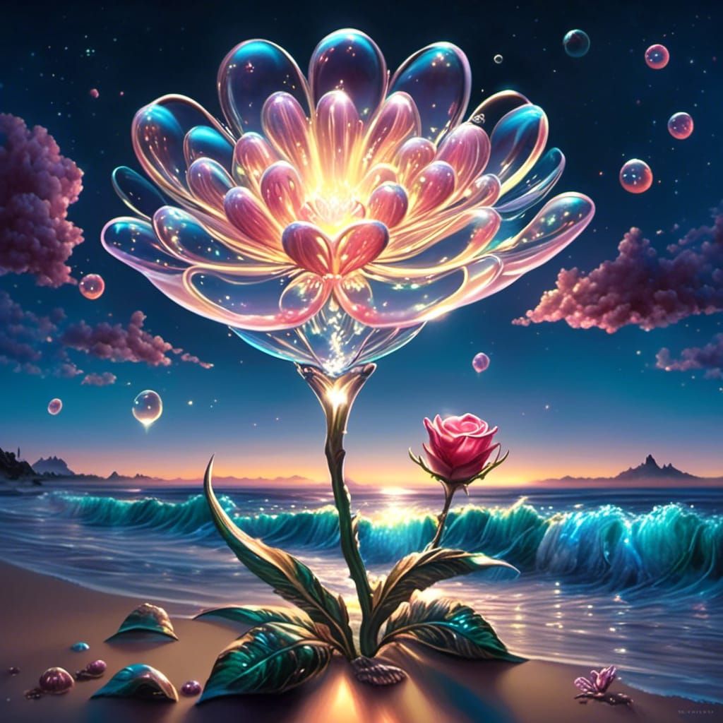 Alien Glass Flowers Under Celestial Rose Moon