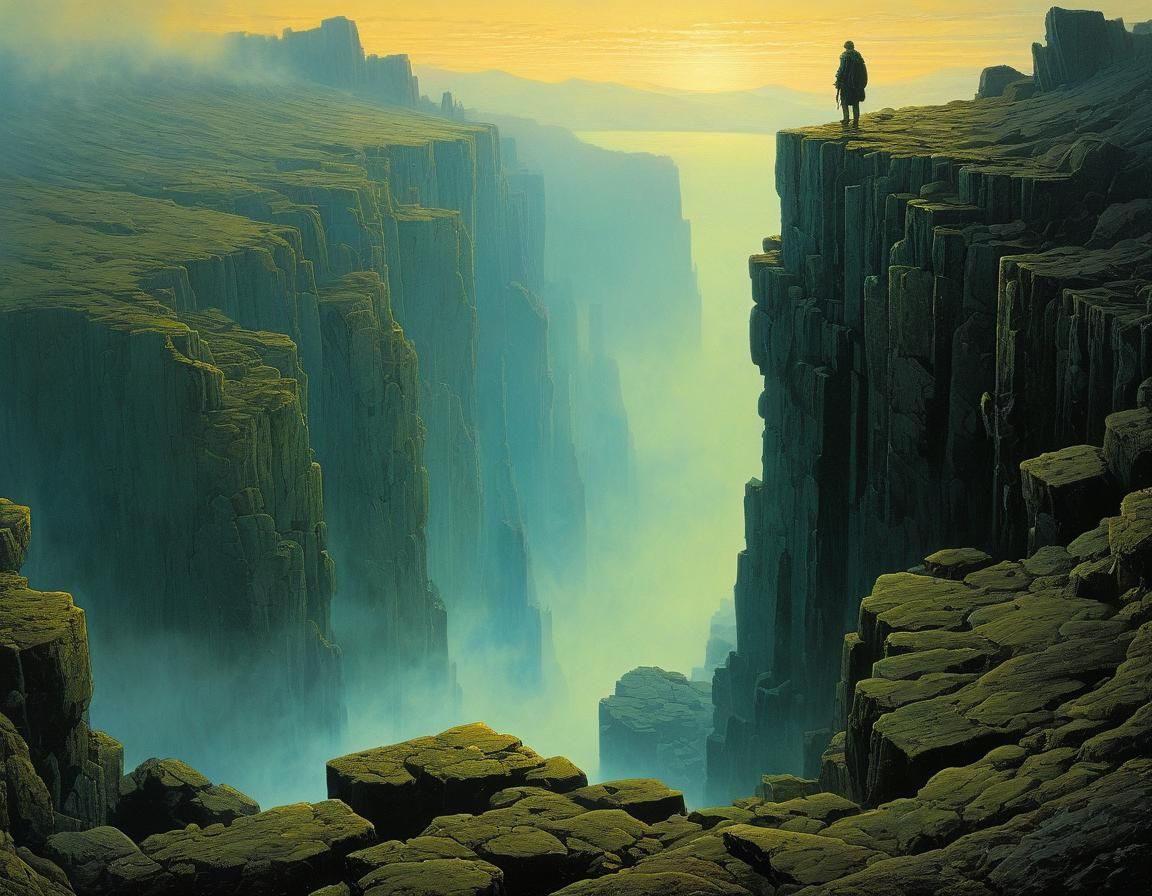 Mysterious Explorer in Morning Fog Above Basalt Lake