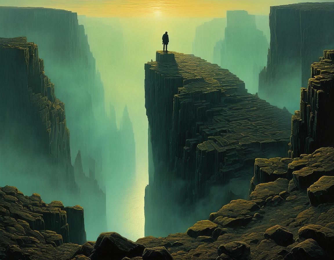 Surreal Landscape Above Basalt Lake in Morning Fog