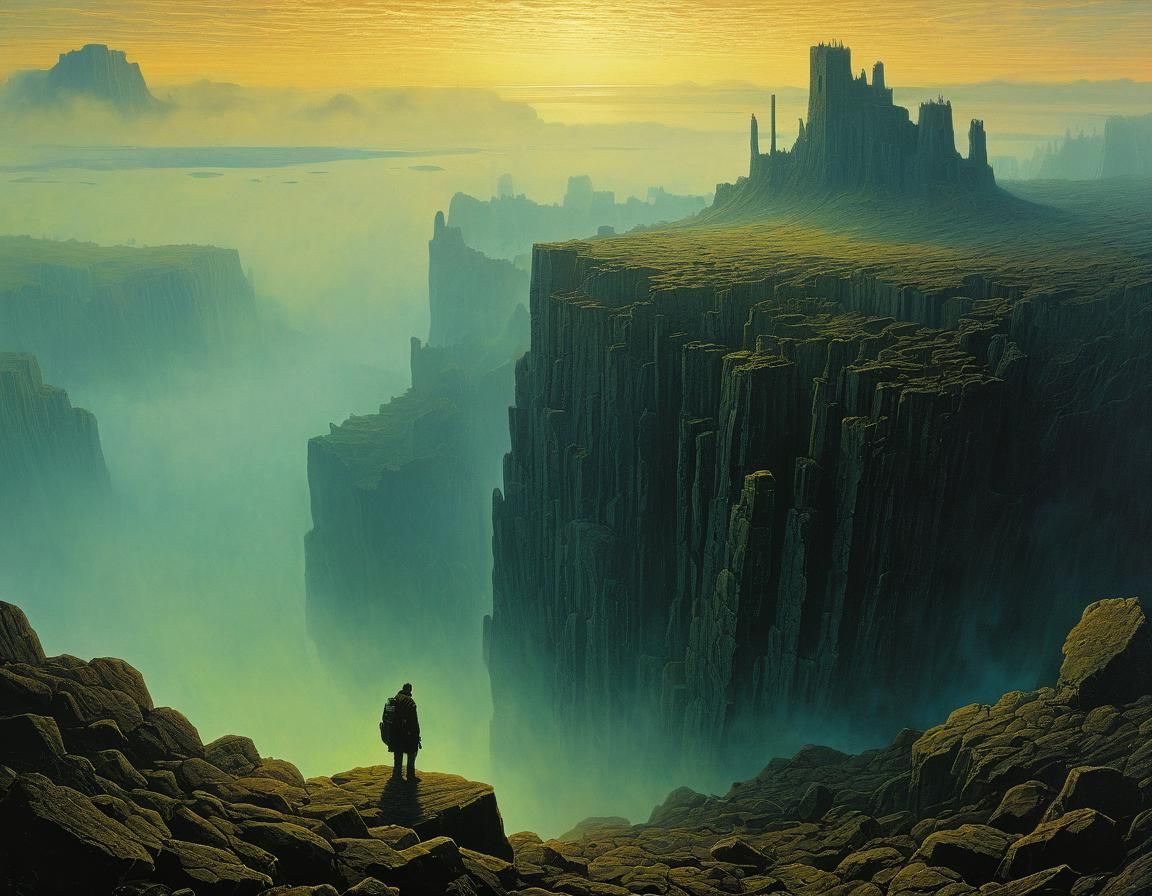 Lonely Explorer in Morning Fog Above Basalt Lake Quarry