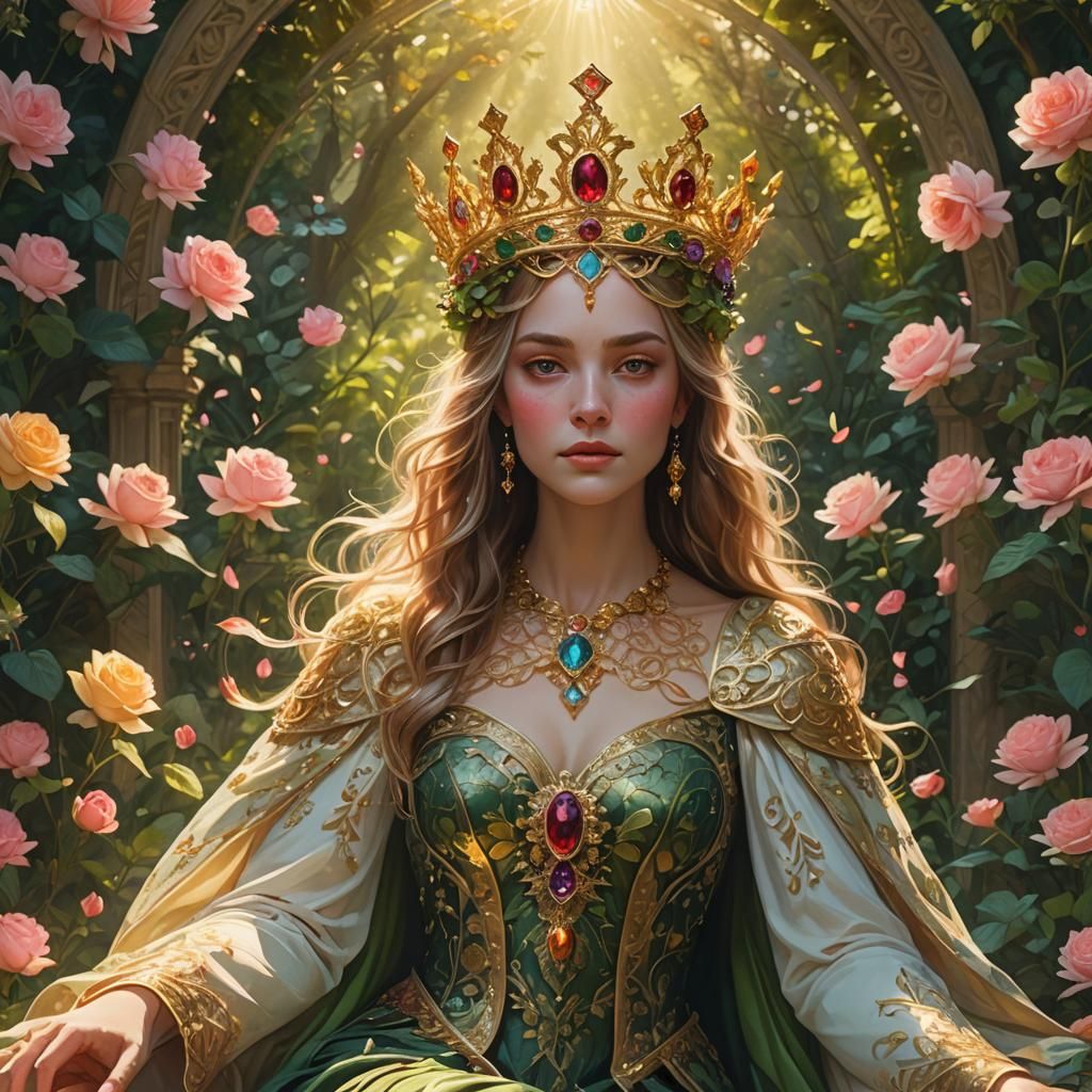 Ethereal Queen in Gemstone Garden, Art Deco Style