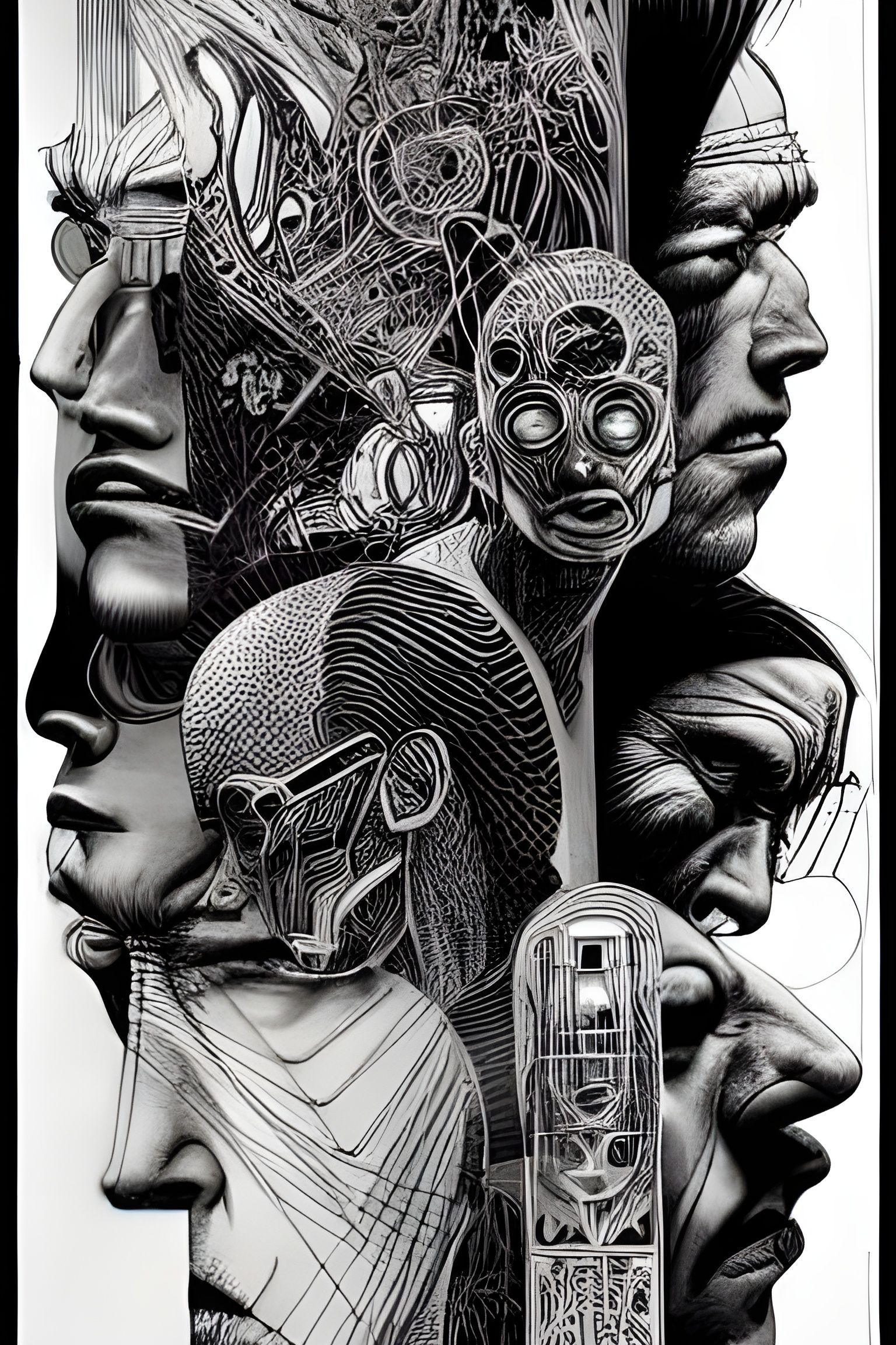 Cyberpunk Faces in Pen and Ink Drawing