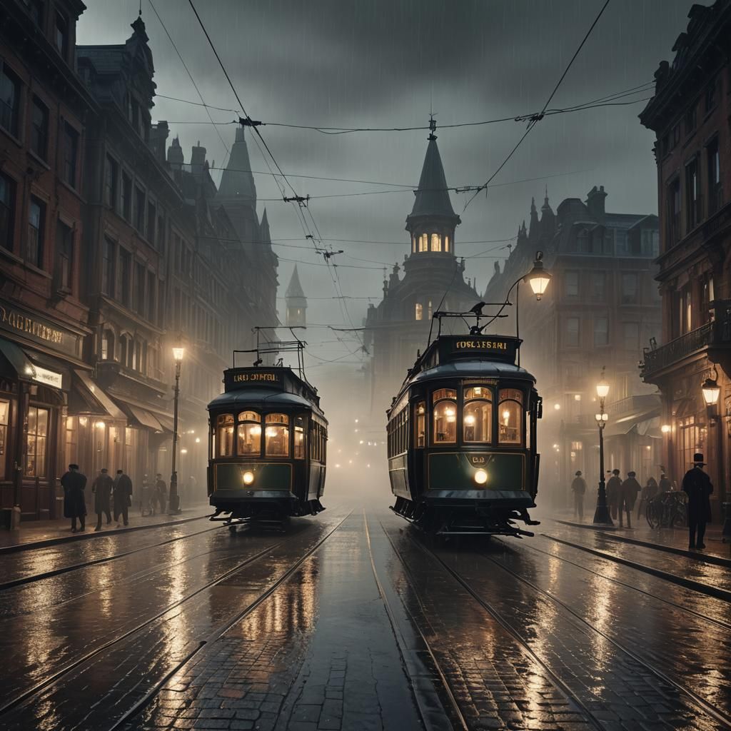 Victorian Tram in Rainy, Foggy Night Scene