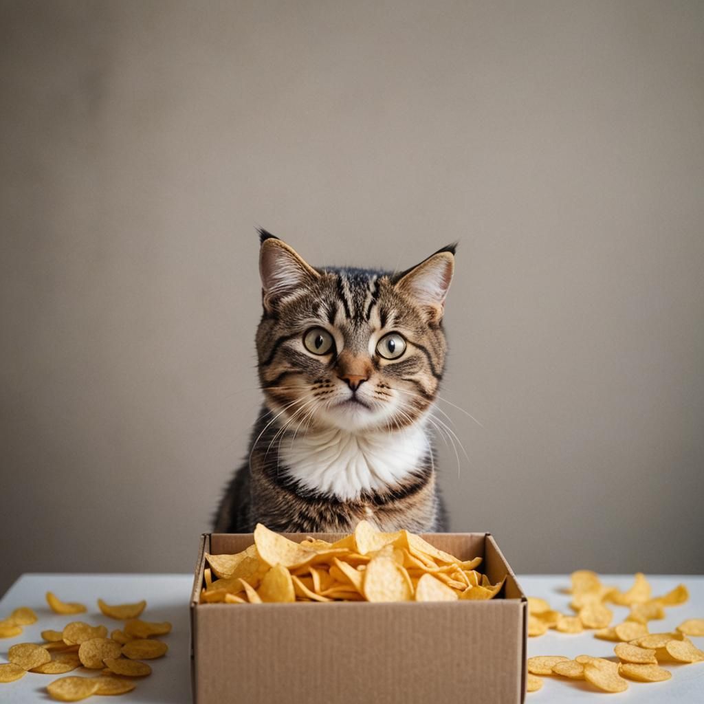 Cat in a Box with Chips: Professional Photo