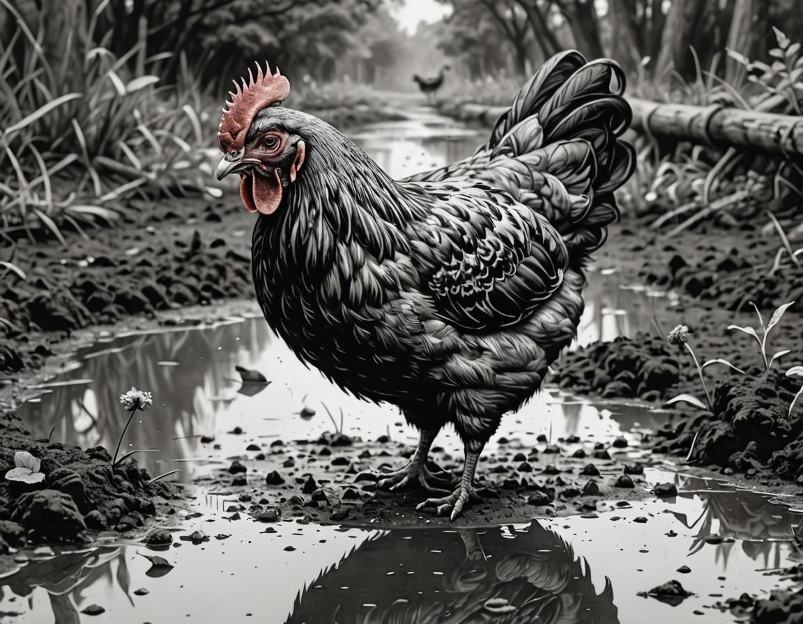 Hen Gazing at Reflection: Monochromatic Ink Drawing