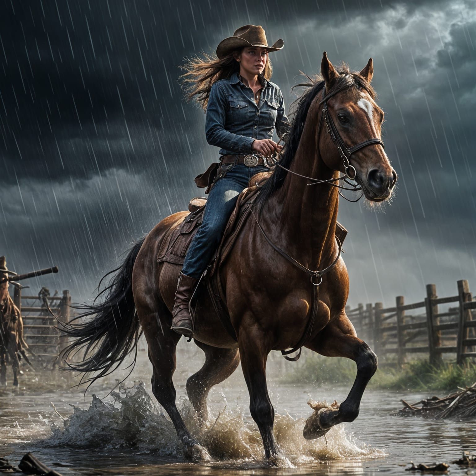 Cowgirl Rides Horse Through Fierce Rainstorm