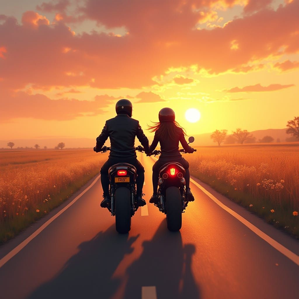 Couple Riding Black Superbike Through Golden Fields