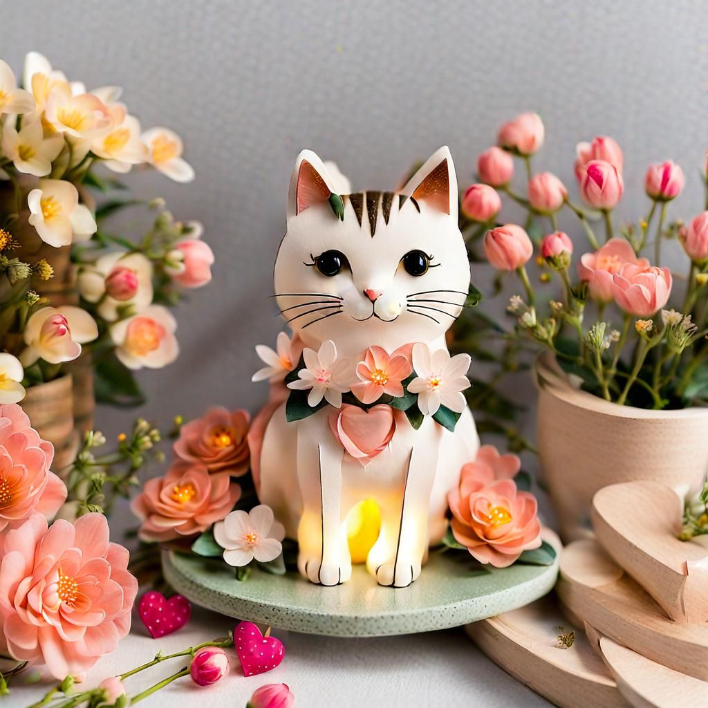 Cute Cat Paper Art with Flowers and Hearts