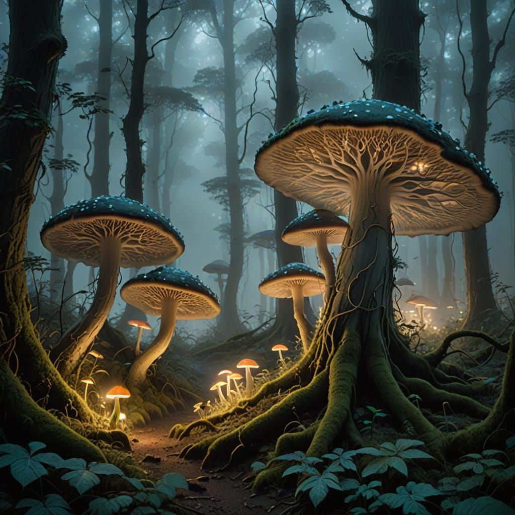 Ethereal Foggy Forest with Glowing Mushrooms