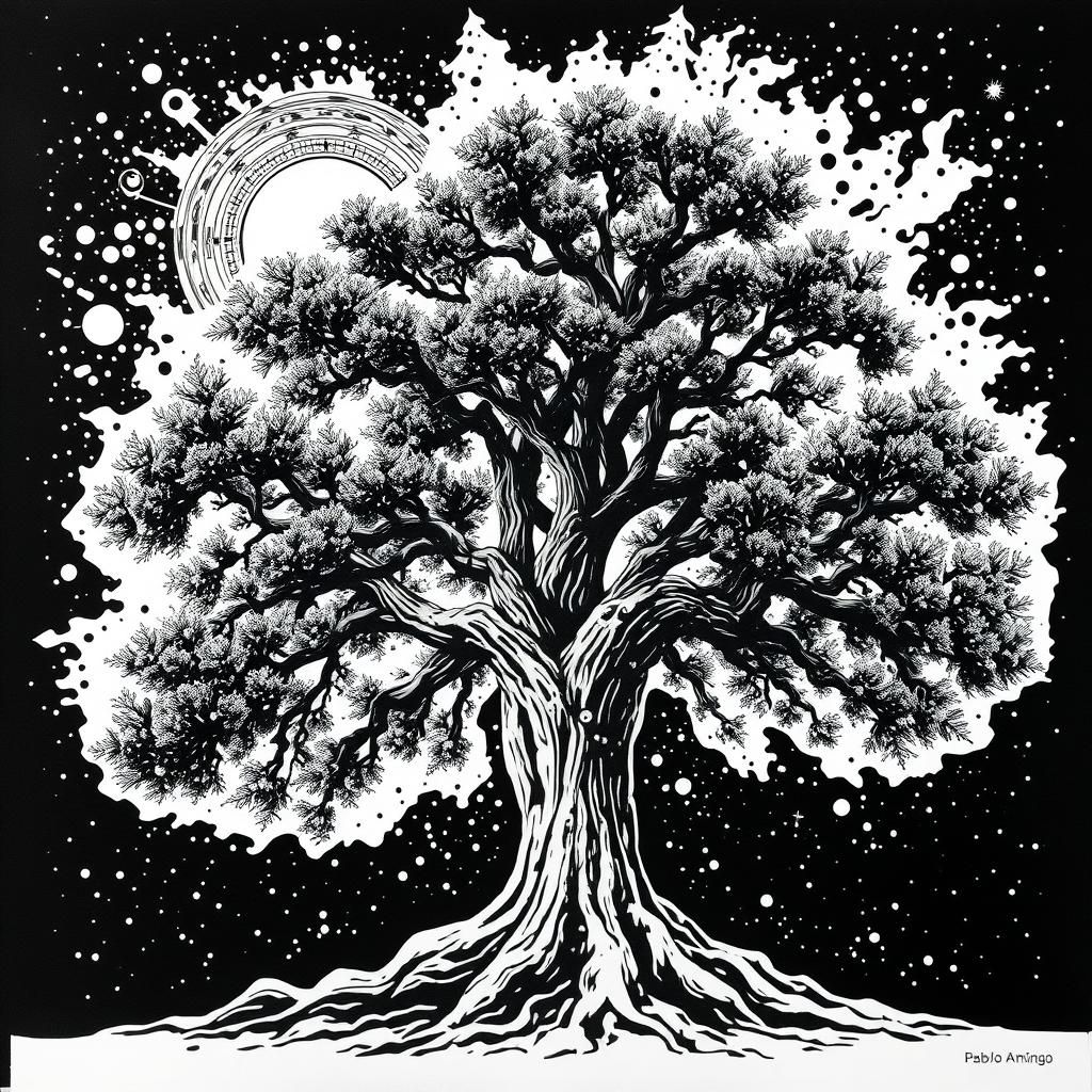 Oak Tree in Black and White Relief Print