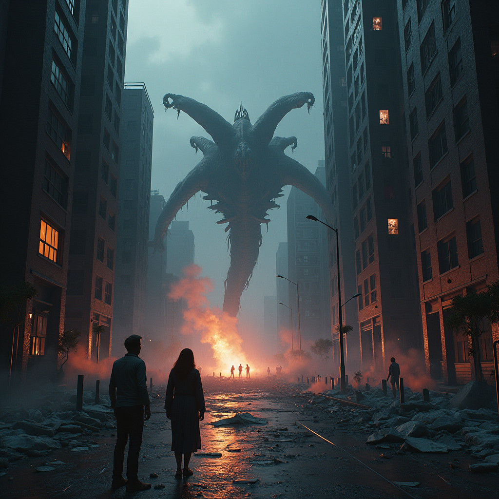 Cityscape Under Siege by Grotesque Monsters