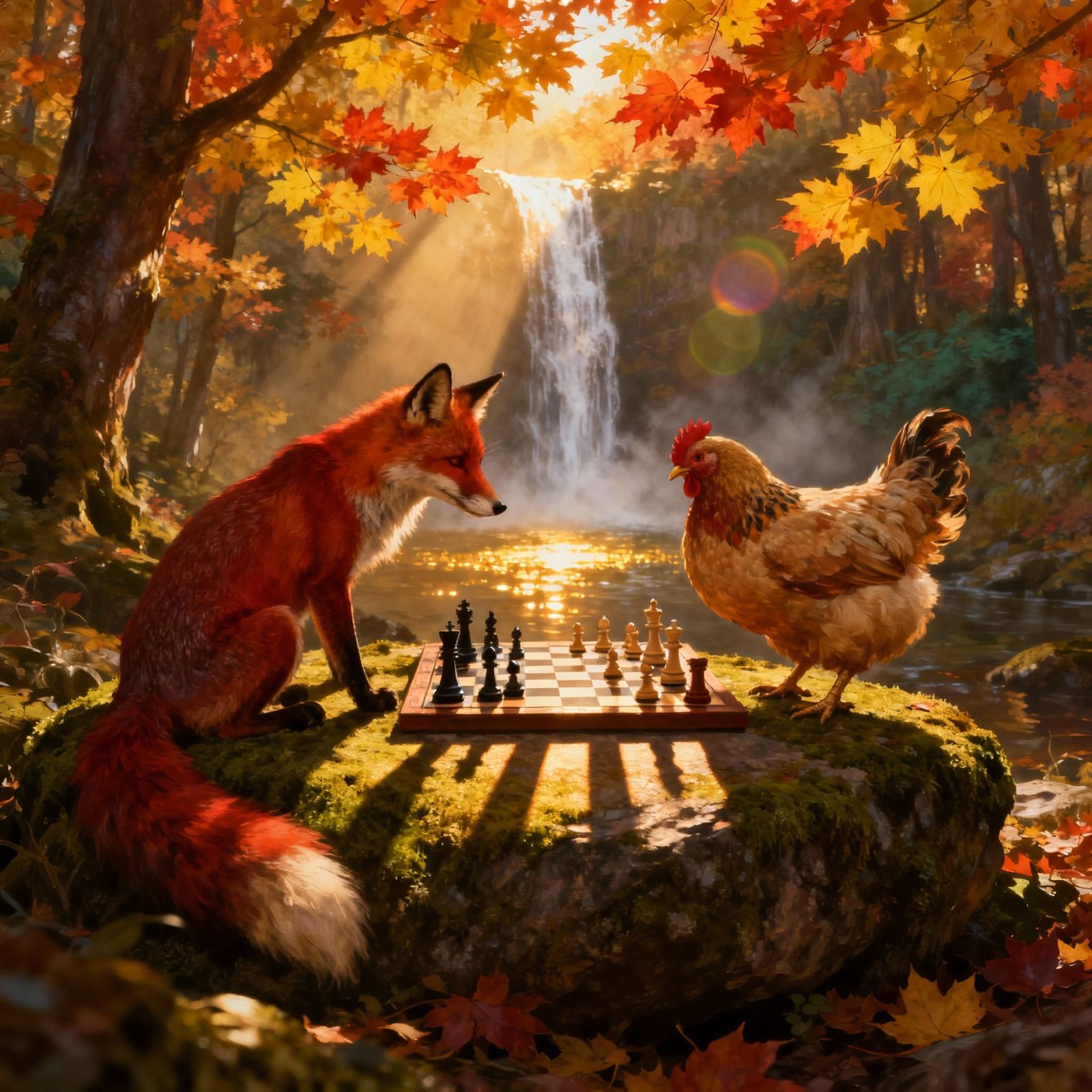 Fox and Chicken Play Chess in Autumn Forest at Sunset