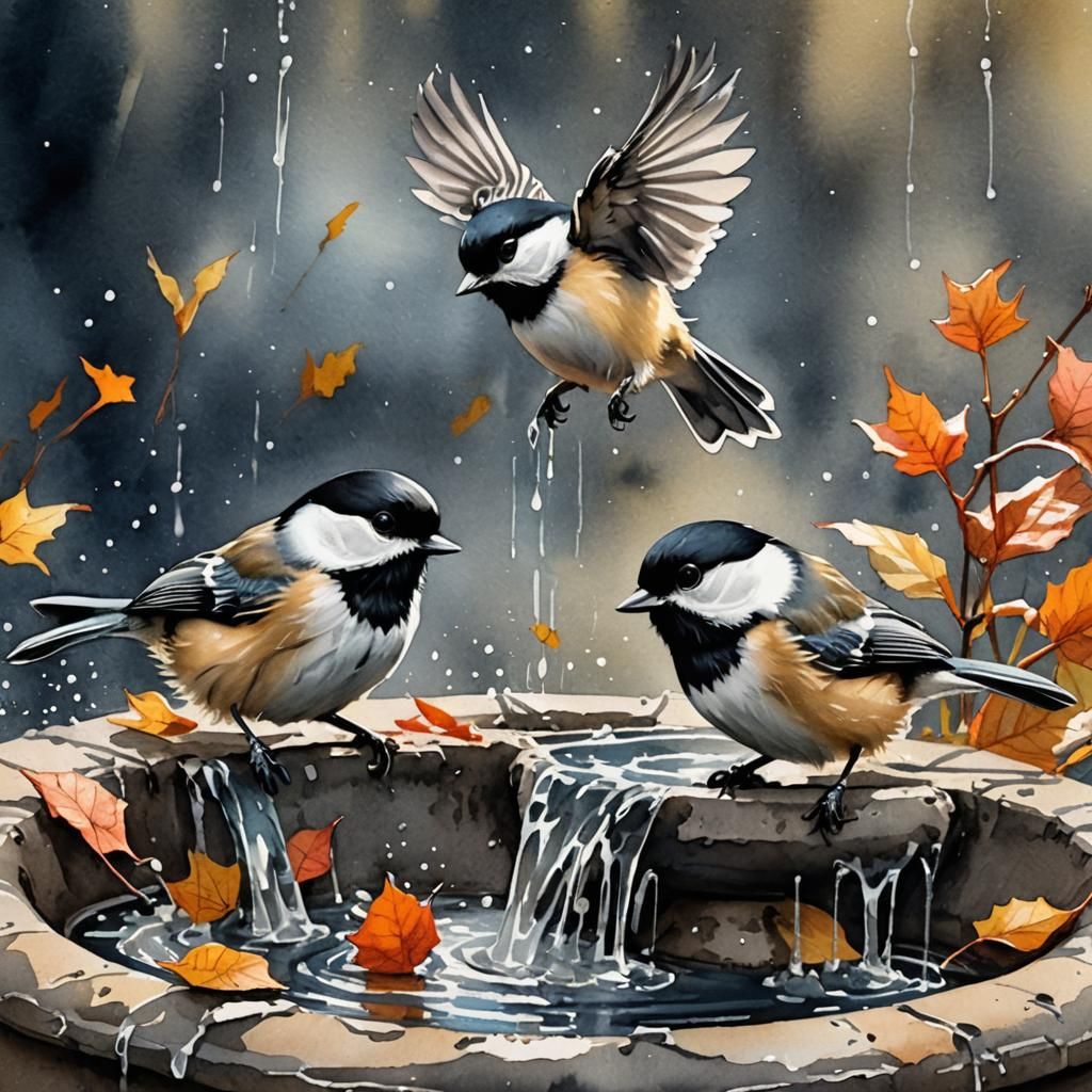 Chickadees Splashing in Bird Bath: Watercolor and Ink