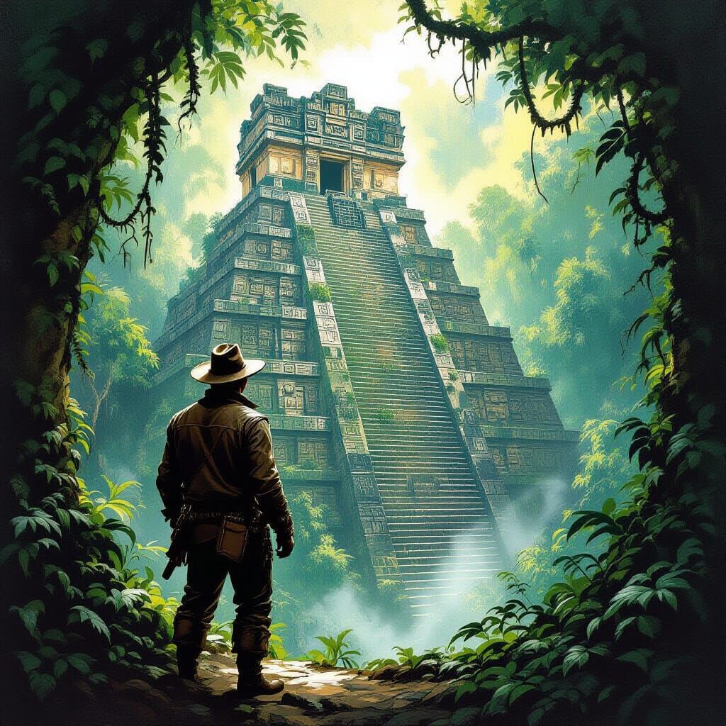 Explorer at Mayan Pyramid in Lush Jungle