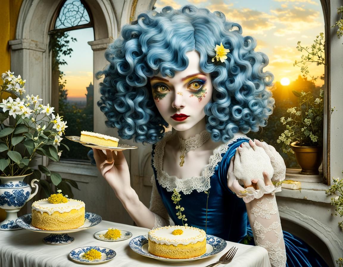 Surreal Renaissance Girl with Cake and Jasmine