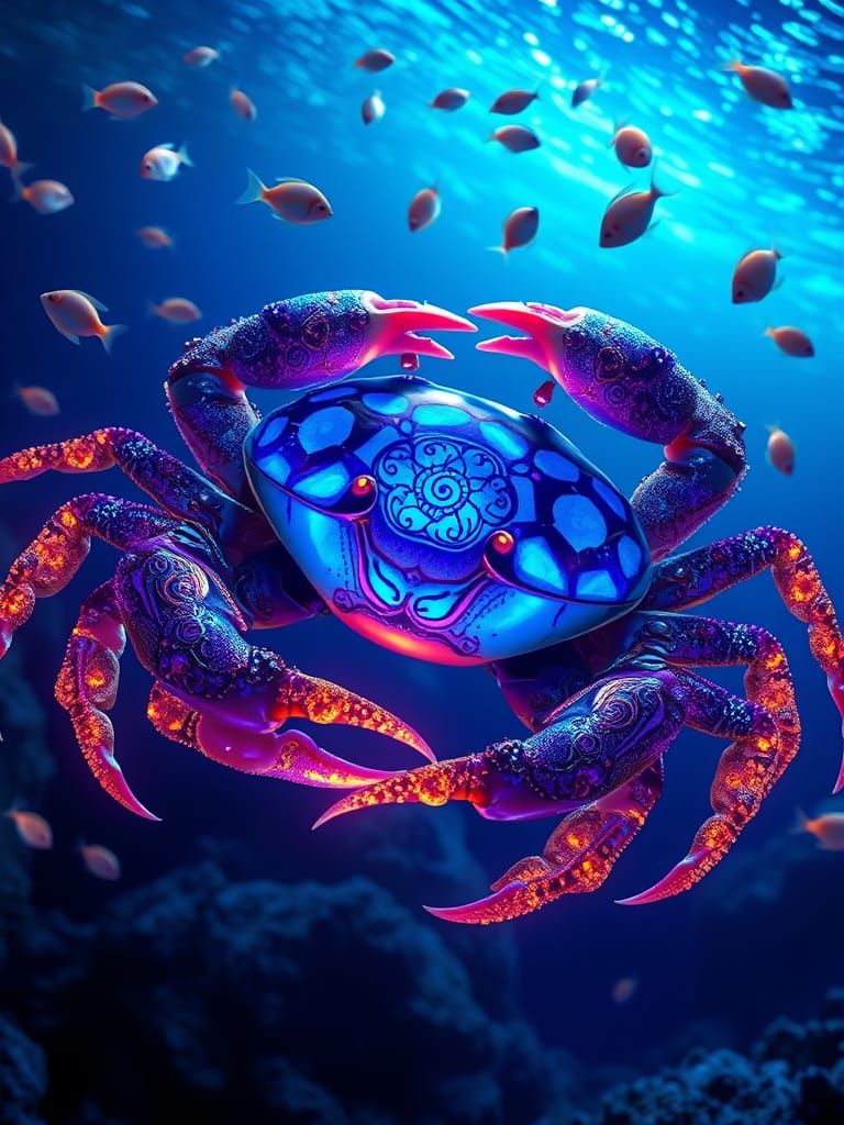 Bioluminescent Crab with Gilded Shell & Tiny Fish