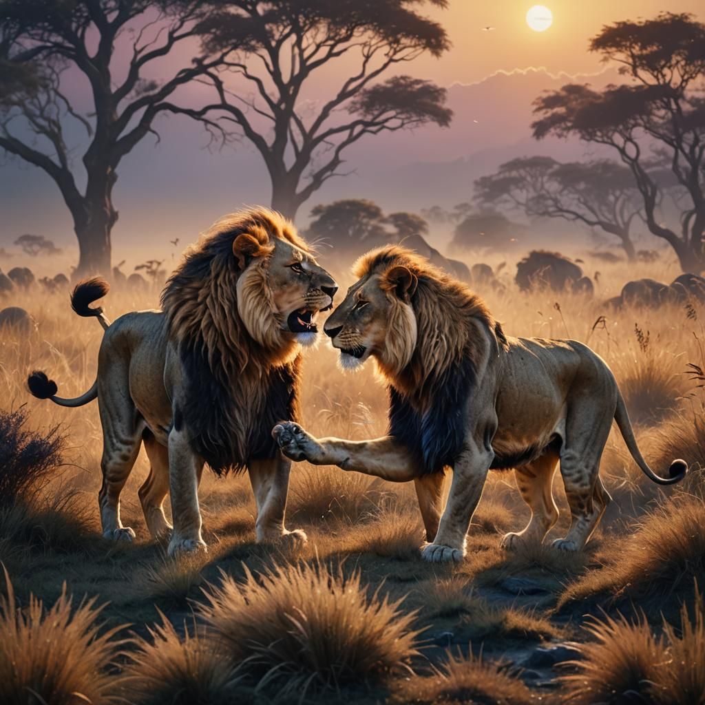 Lions Clash in Misty Savannah Sunset: Digital Painting