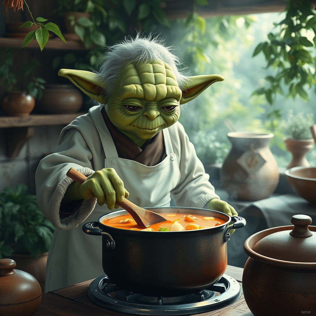 Yoda Cooks in Cozy Kitchen: Impressionistic Anime Style