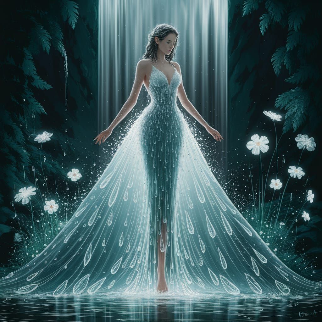 Ethereal Nymph in Moonlight Gown by Waterfall