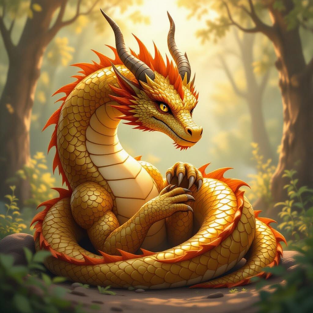 Majestic Gold Dragon's Protective Embrace in Digital Art