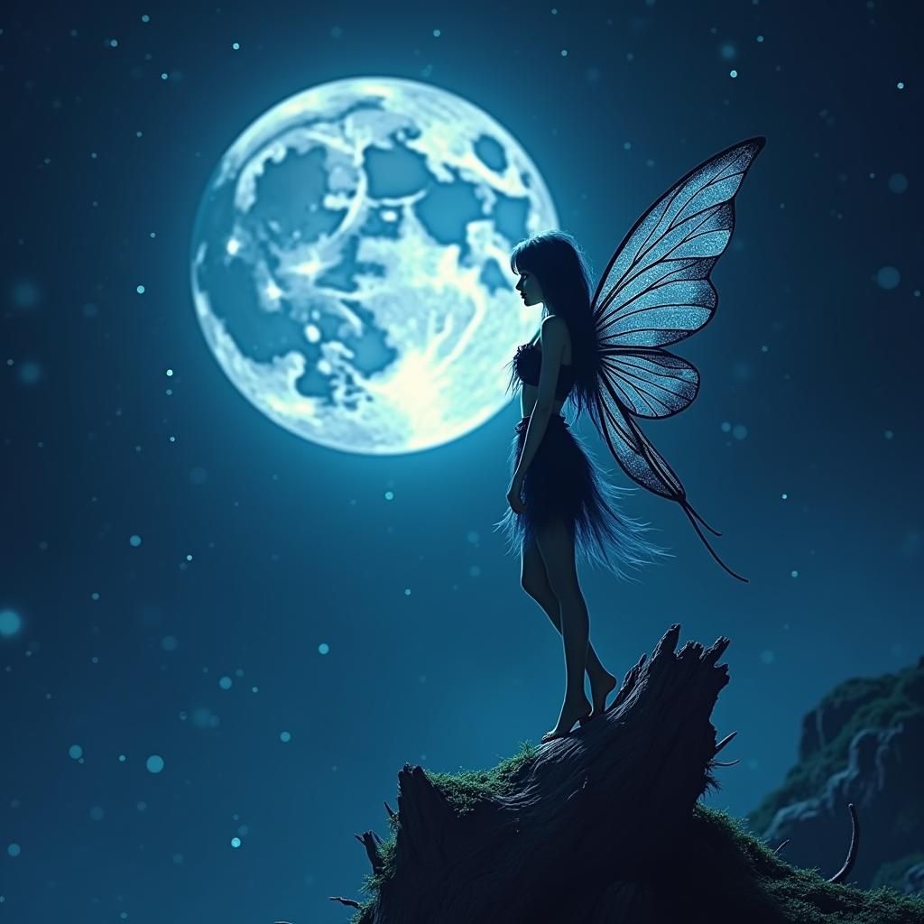 Ethereal Shadow Fairy Gazing at Moon in Matte Painting