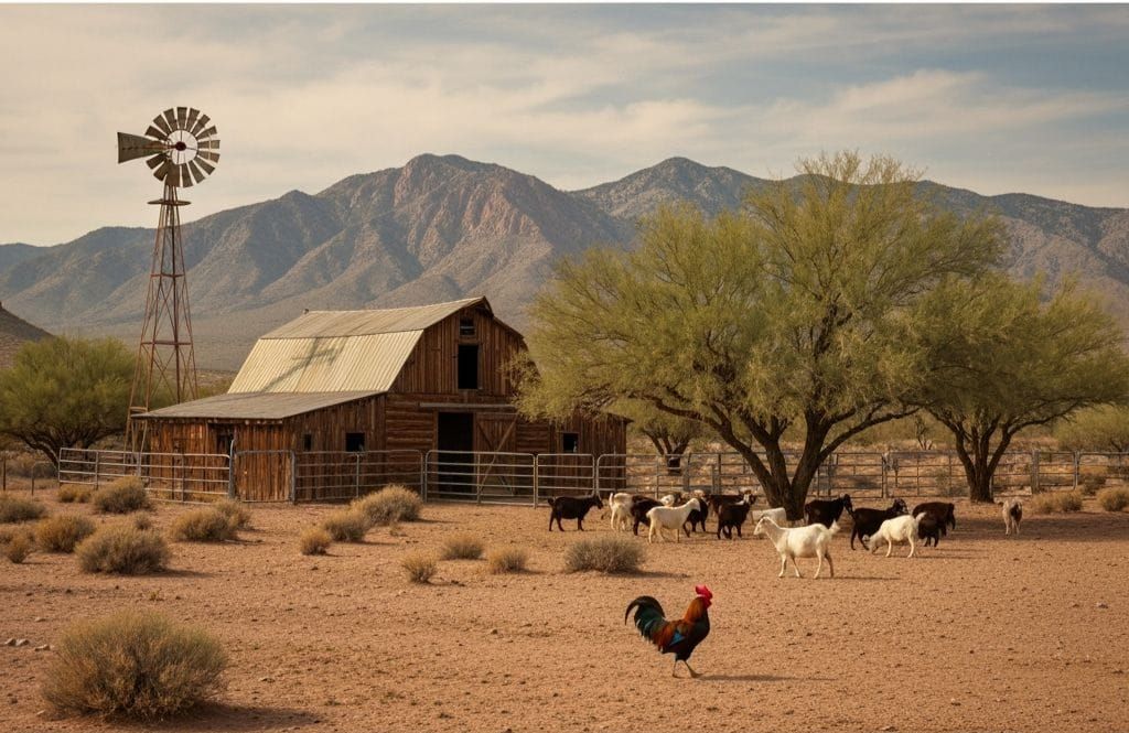 Arizona Desert Farm with Goats, in Regionalist Style
