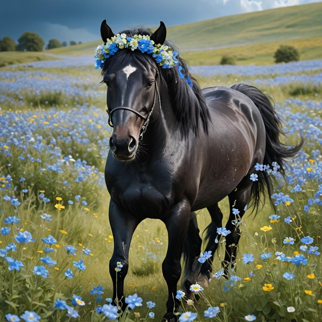 Black Horse with Flower Crown in Meadow