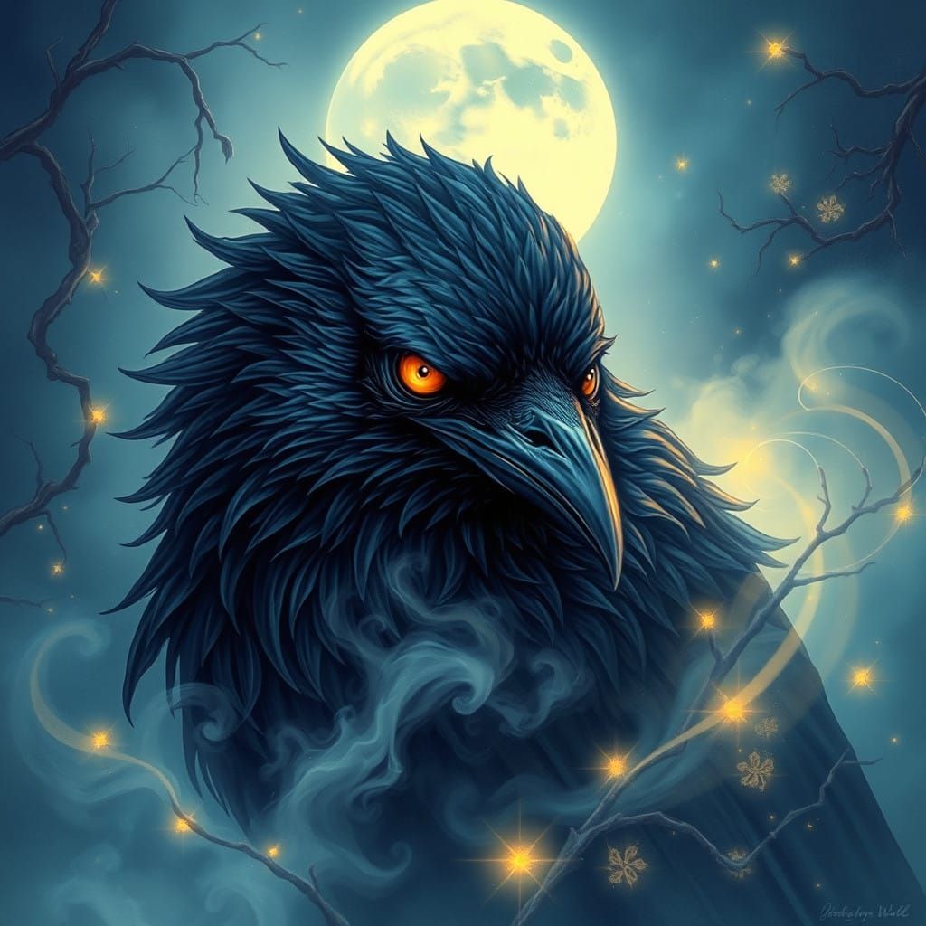 Mystical Raven in Dreamy Ethereal Landscape