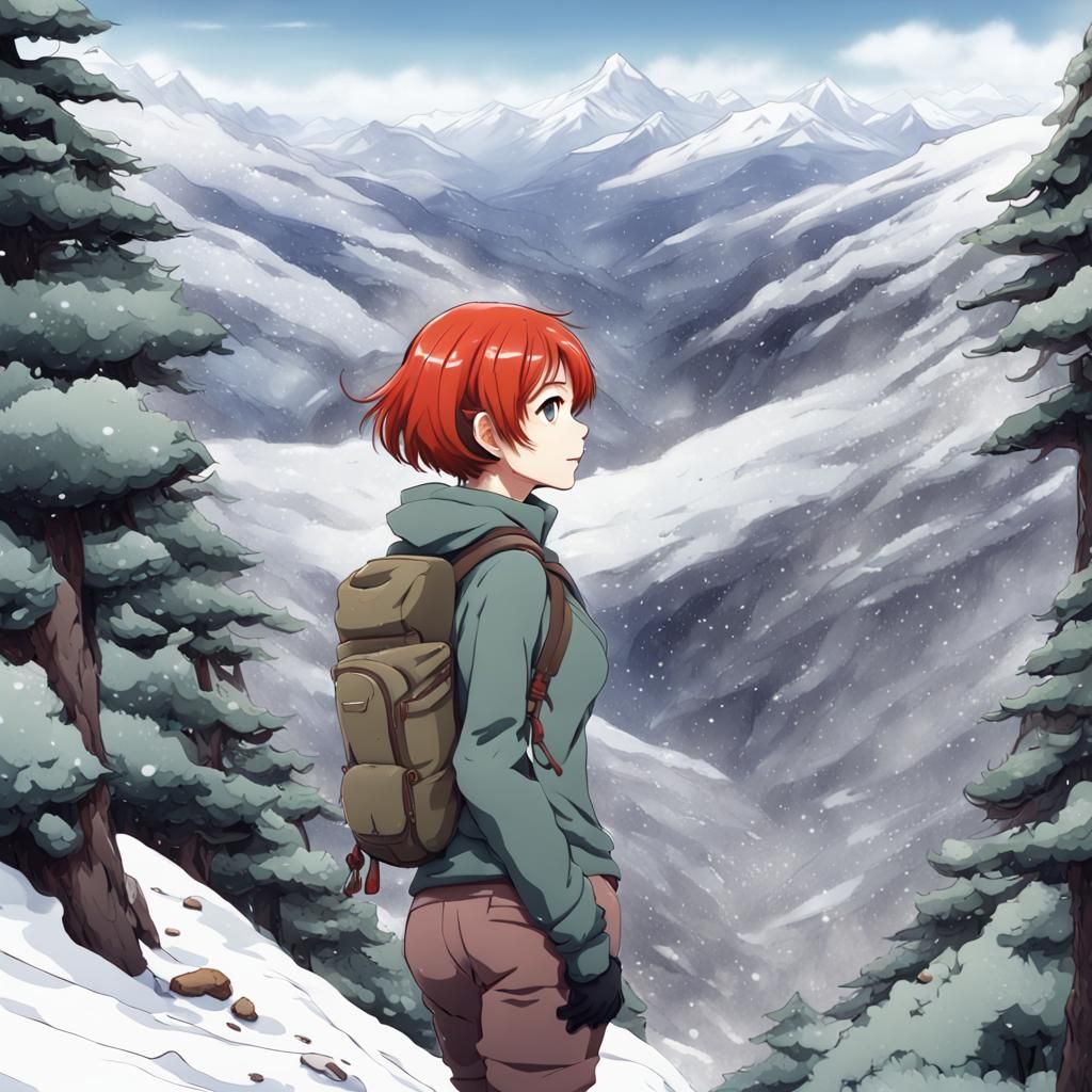 Red Haired Hiker in Snowy Mountains: Anime Style