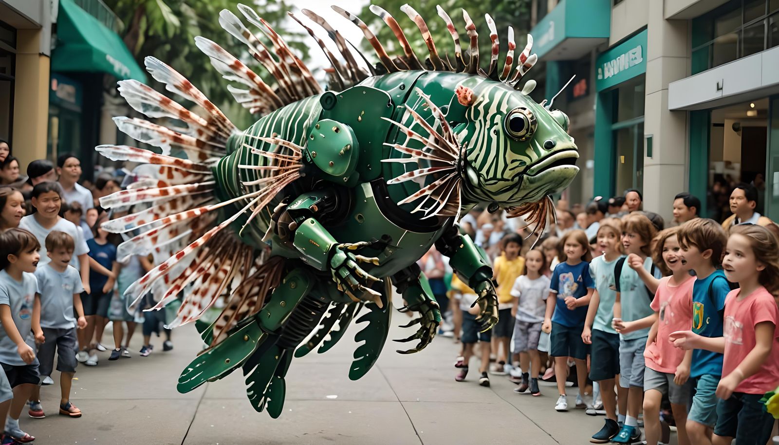 Green Robot Lionfish Chasing Children