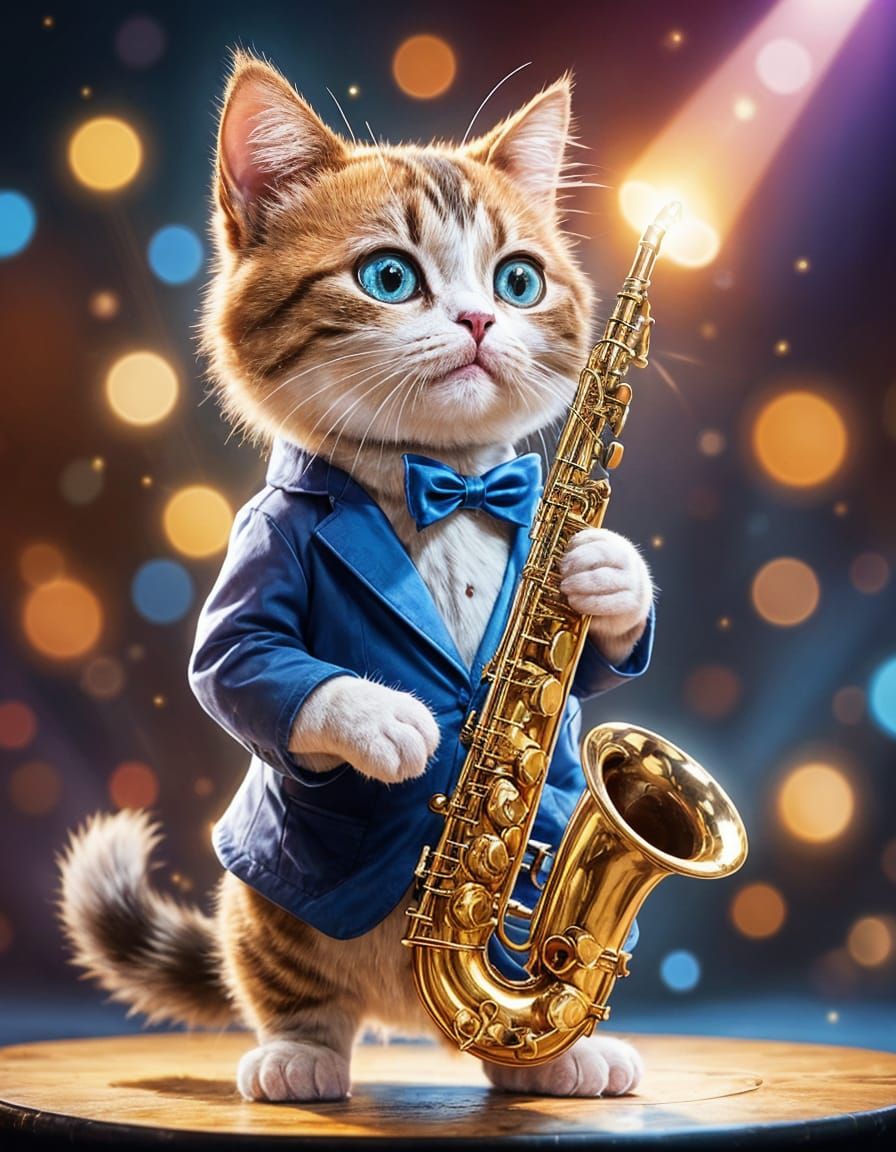 Cat play a saxophone