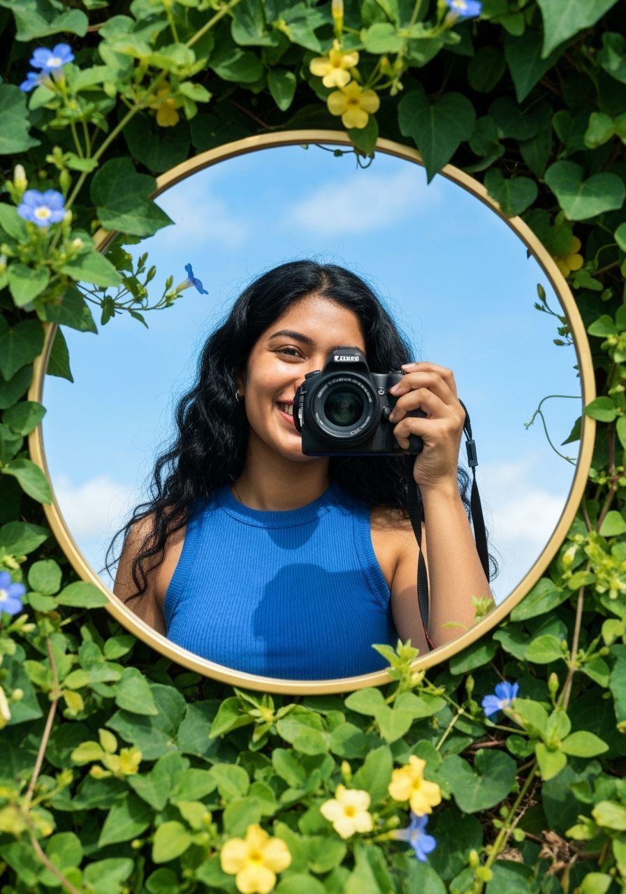 Woman with Camera Reflected in Golden Mirror with Flowers