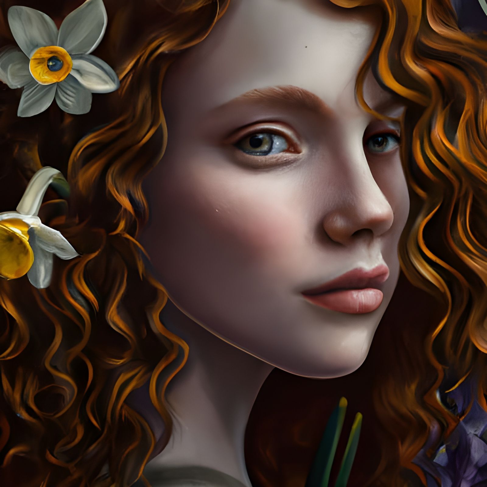 Auburn Goddess with Daffodils: Crayon Drawing Portrait