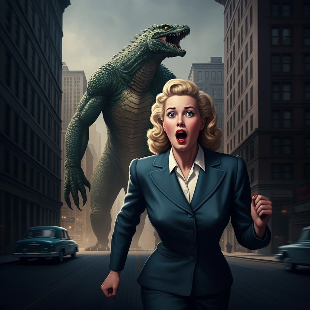 Blonde Woman Fleeing Giant Lizard Monster