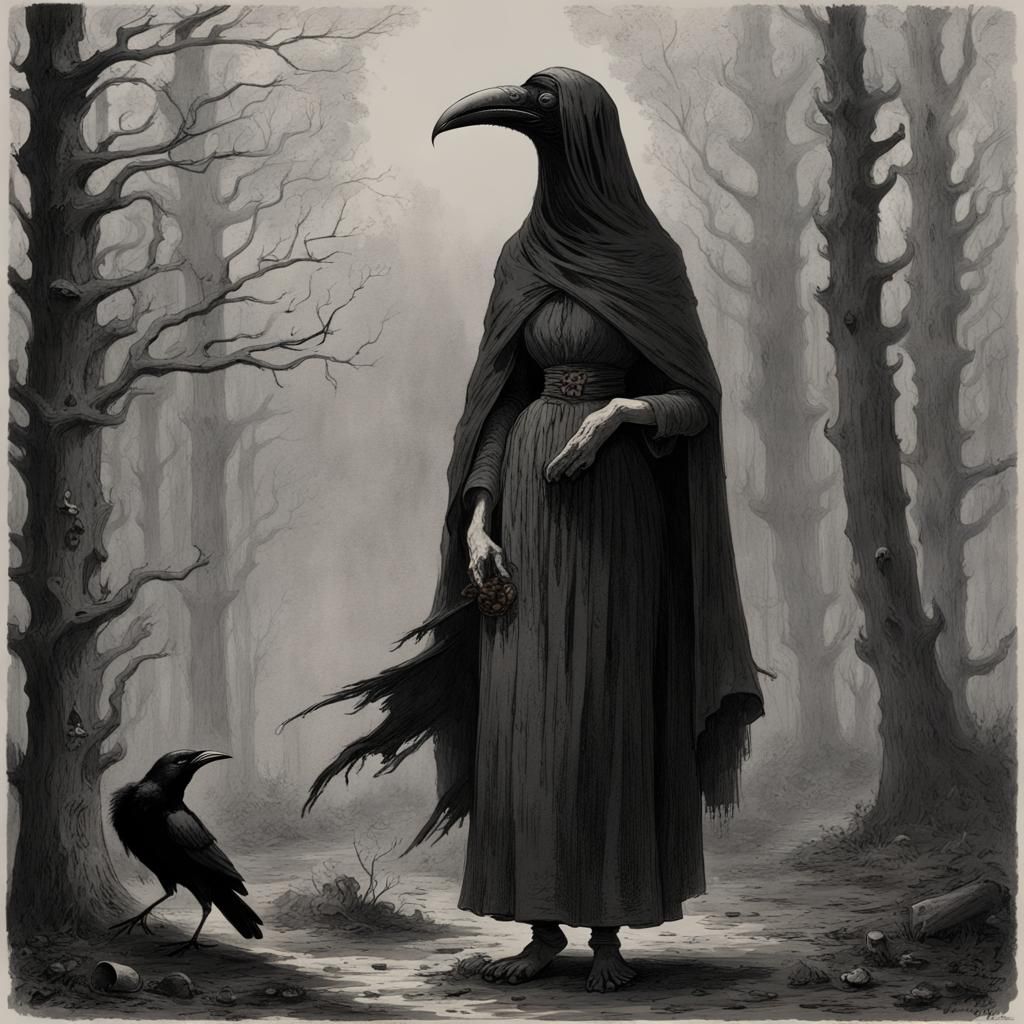 Creepy Kikimora Walks in Dark Woods: Horror Illustration