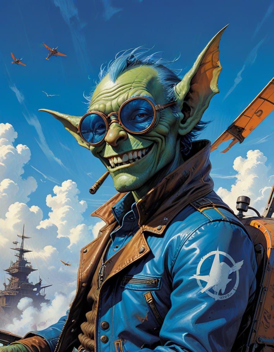 Creepy Goblin Pilot Soars Through the Sky in Vintage Bi-Plan...