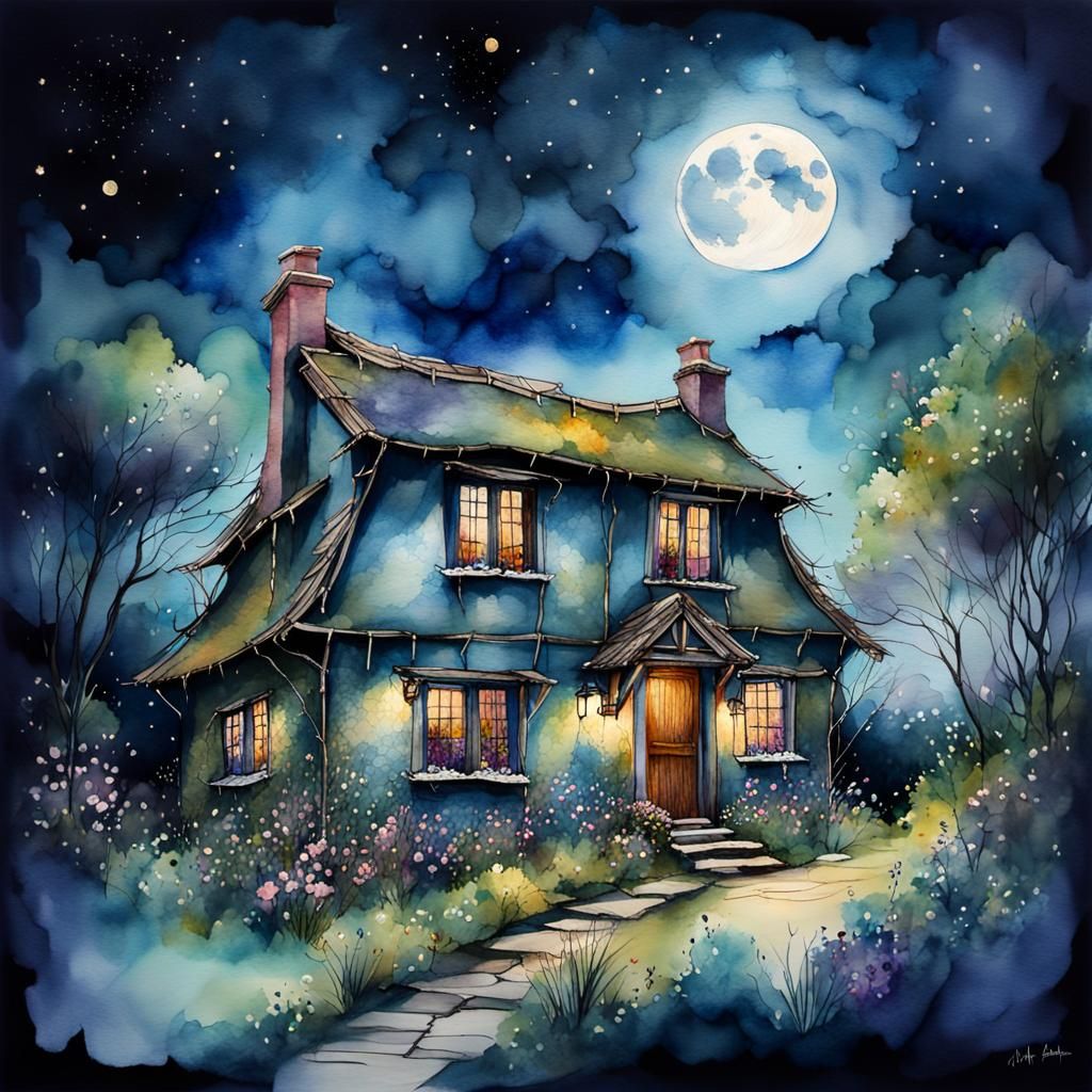 Cosy Thatched Cottage Under Moonlight, Watercolor Style