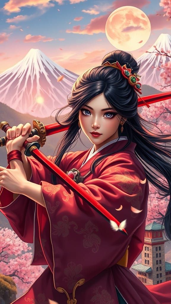 Ethereal Beauty Wields Crimson Blade Amidst Cherry Blossom S...