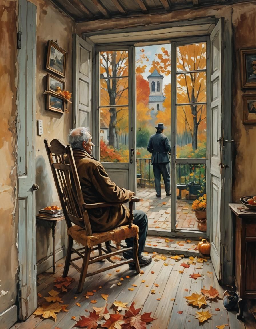 Oil Painting: Elderly Man Gazing out Window
