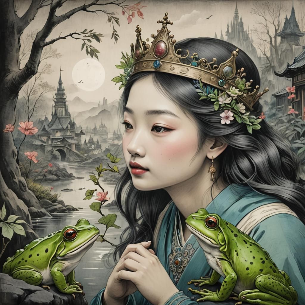 Fairytale Girl Kissing Frog: Charcoal Sketch