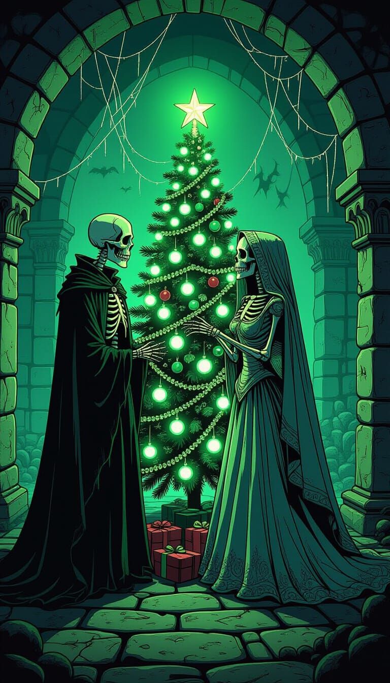 Undead Couple Decorates Crypt Christmas Tree