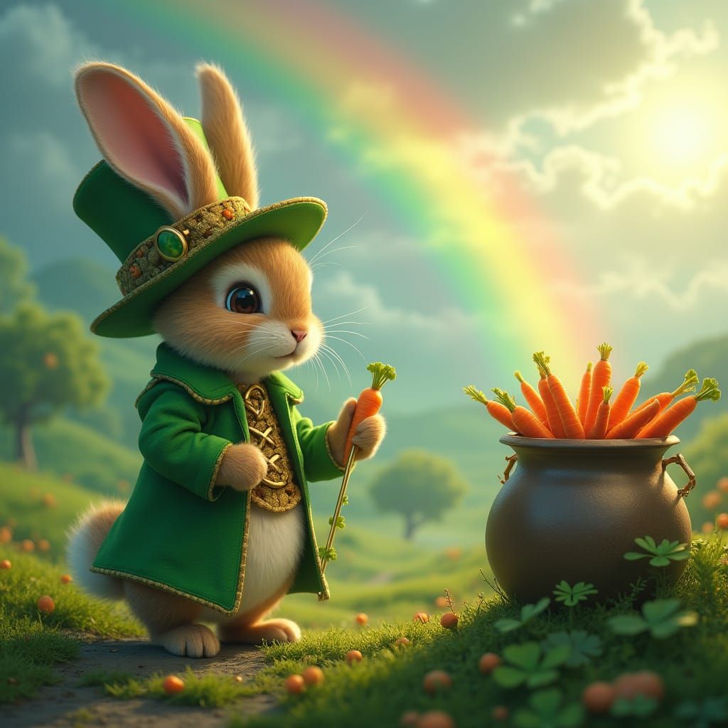 Whimsical Leprechaun Bunny at the End of a Rainbow