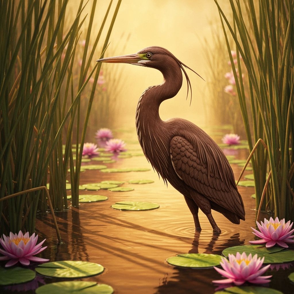 Chocolate Heron in a Cozy, Hyperdetailed Swamp