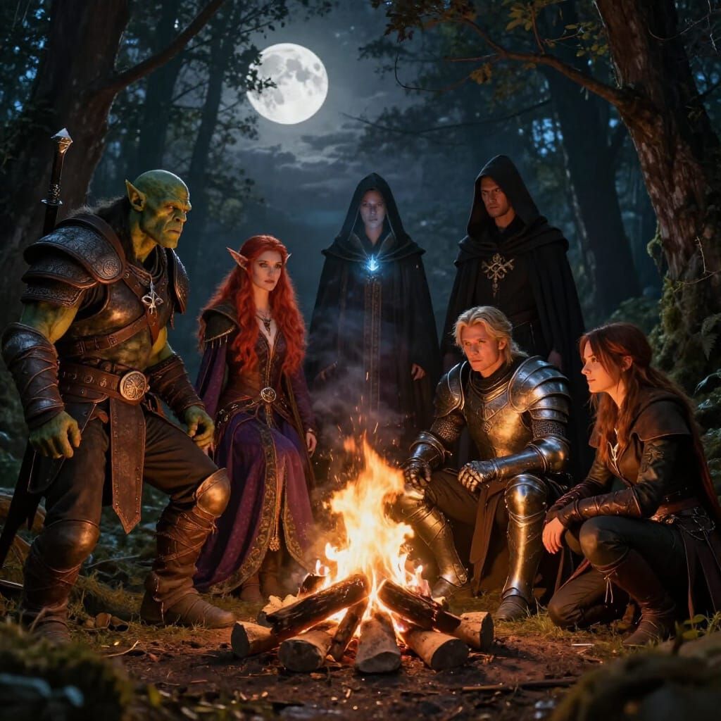 Fantasy Adventuring Party Around Campfire