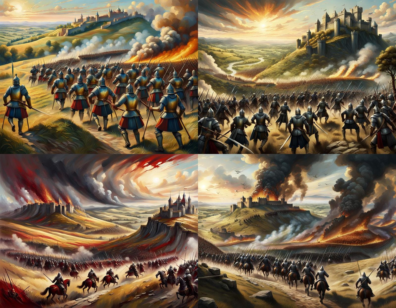 Medieval Armies Clash on Rolling Hillside