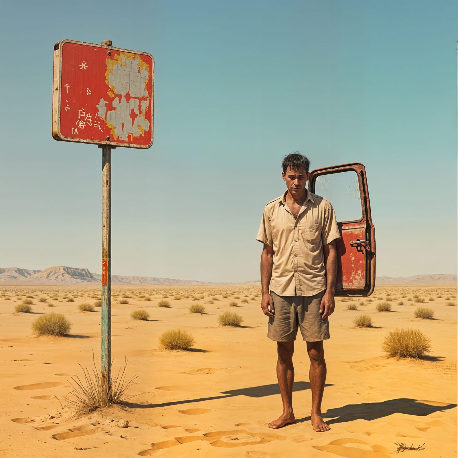 Starving Man at Desert Bus Stop With Car Door