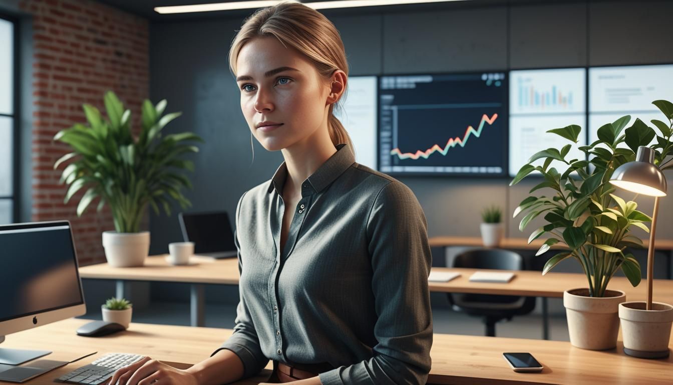 European Woman Interacts with Digital Interface in Office