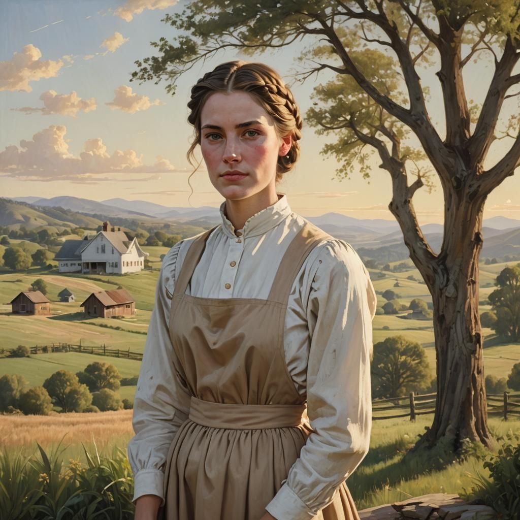 American Realism Portrait of Young Woman in Calico Dress