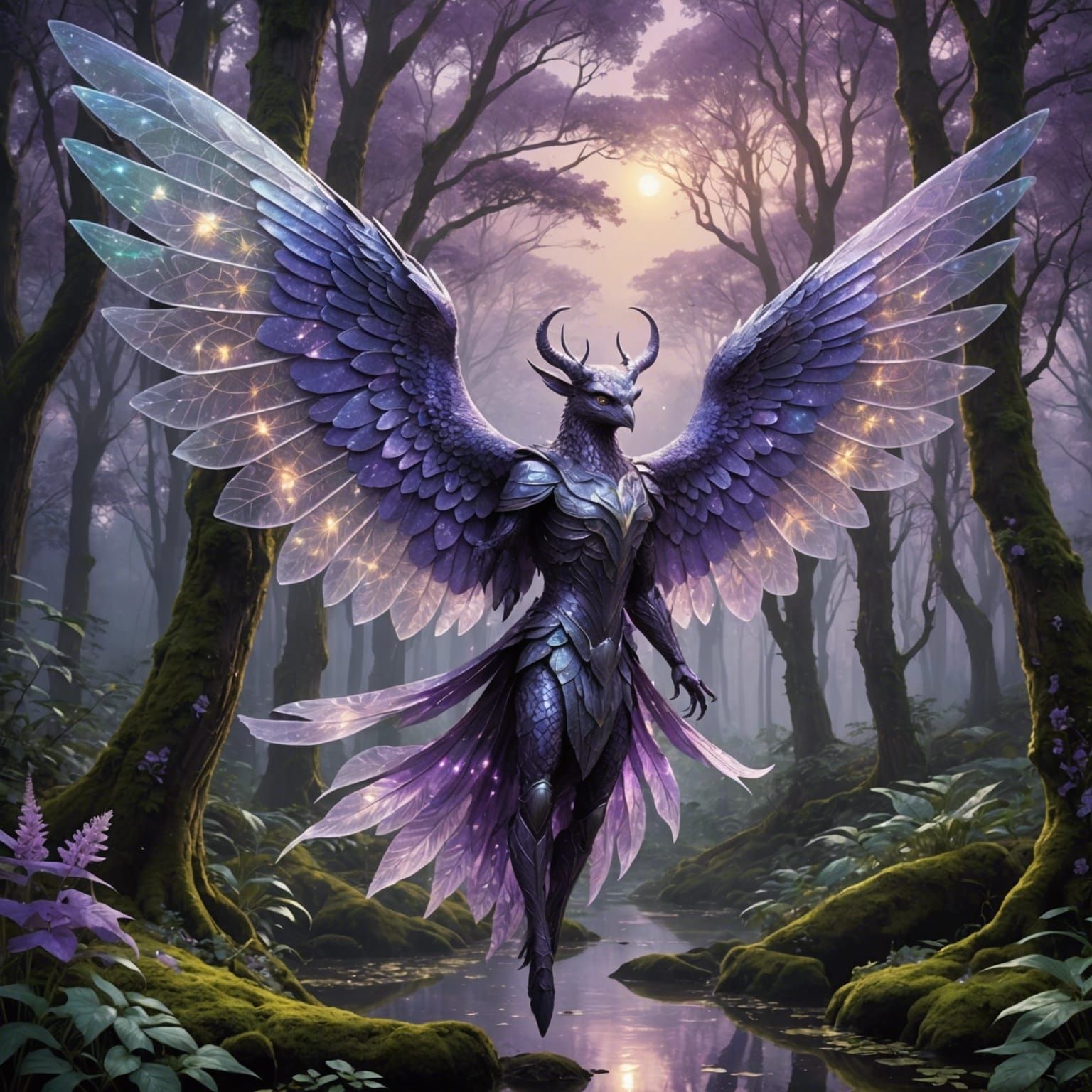 Winged Creature and Unicorn in Enchanted Forest