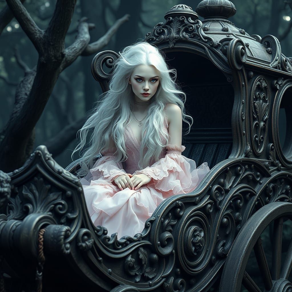 Enchanting Wizard Woman in Whimsical Carriage Amidst Dark Fo...